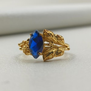 Blue Sapphire Leaf Band Ring, 14k Gold Sterling Silver Nature Ring