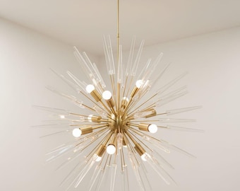 1950 Murano Glass Sputnik Chandelier, Brass Mid-Century Italian Ceiling Light Fixture
