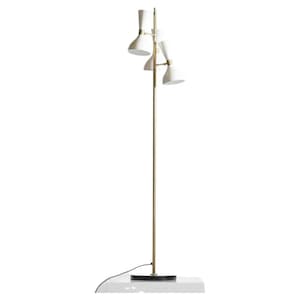 May include: A mid-century modern floor lamp with three white cone-shaped shades and a brass-coloured pole. The lamp has a black base and a white rectangular platform. The lamp is approximately 152 cm tall.