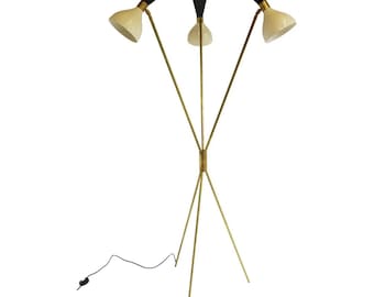 Può includere: Una lampada da terra moderna di metà secolo con tre testate regolabili. La lampada presenta una struttura color ottone e una combinazione di colori nero e crema. Le testate sono a forma di cono e puntano in direzioni diverse.