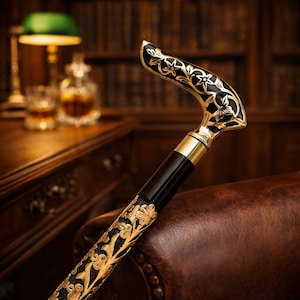 Viktorianischer Gehstock, Messing-Blumengriff, Gold gravierter Holzschaft, Gentleman-Gehstock