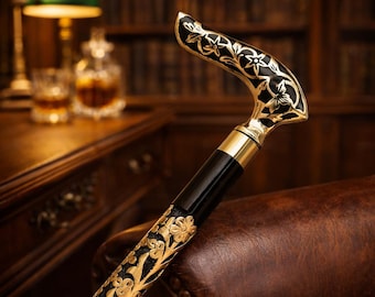 Victorian Walking Cane, Brass Floral Handle, Gold Engraved Wooden Shaft, Gentleman Walking Stick
