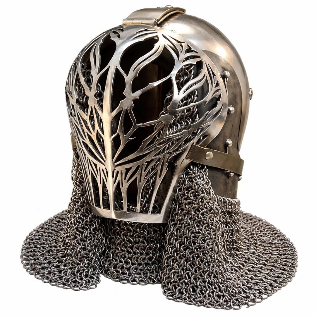 Handmade Steel Knight Helmet, Tree Branch Face Guard, Chainmail Coif ...