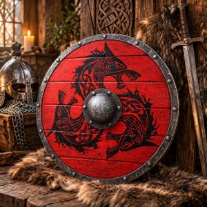 Könnte beinhalten: Ein runder, roter Holzschild mit einem schwarzen Drachendesign und einem Metallrand. Der Schild hat einen zentralen Metallknauf und wird mit einem Schwert, einem Helm und Fell präsentiert. Der Schild hat einen Durchmesser von etwa 61 cm.