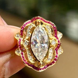 Pink Ruby Halo Diamond Ring, Unique 12x6 MM Marquise Cut Moissanite Anniversary Ring, Bezel Set Modern Ring, 18k Gold Vintage Art Deco Ring