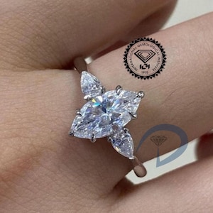 Lab Grown Diamond Three Stone Ring 2CT Marquise Cut CVD Diamond 14K Gold Engagement Ring Side Pear Cut Diamond Anniversary Ring Gift For Her