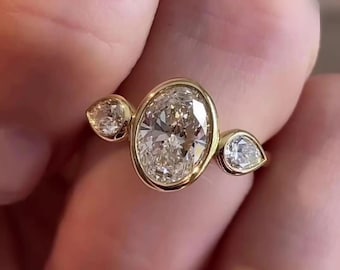 2 Carat Oval Moissanite Engagement Ring 14K Solid Yellow Gold Bezel Set Three Stone Ring with Pear Side Stones, Wedding Rings For Women