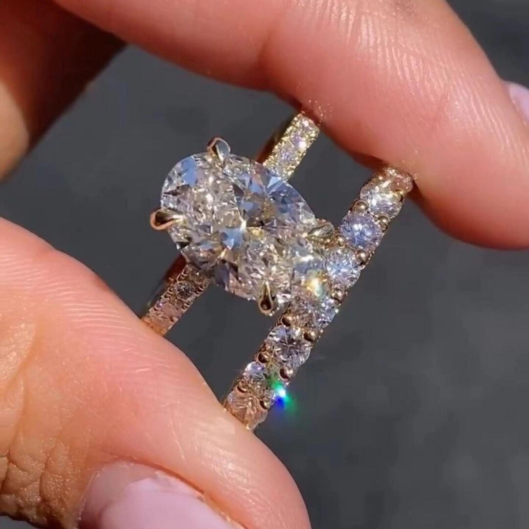 3 CT Oval Cut Moissanite Engagement Ring Set, Gold Oval Bridal Ring ...