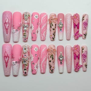 XXL Pink Reusable Press on Nails, Custom nails, natural handmade nails, Girly nails, Full Set