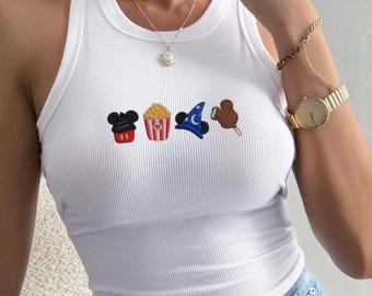 Embroidered Disney Movie Night Tank Top - Food Popcorn Mickey Sorcerer Hat Ice Cream Crop Top for Women, Disney Trip, Gift for Her
