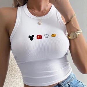 Embroidered Mickey Mouse Icon Crop Tank Top, Disney Mickey Head Shorts Glove Shoe Tank Top, Cute Disneyland Vacation Outfit Gift for Her