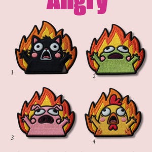 Conjunto de parches de animales furiosos en llamas: divertidos parches bordados termoadhesivos, parche de gato, rana, cerdo y pollo en llamas para chaqueta, bolso o mochila.
