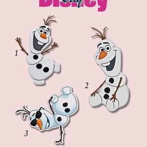 May include: Embroidered patches featuring Olaf from Disney's Frozen. The patches depict Olaf in three different poses, with a white body, black buttons, and a carrot nose. The word "Disney" is at the top. The text below says to enter the patch number in the personalization box.
