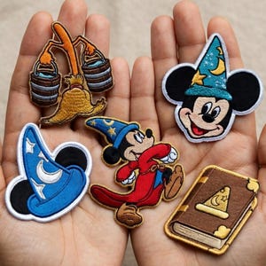 Fantasia Sorcerer Mickey Embroidered Patch – Broom Buckets Hat Spell Book Iron-On Patches Disney Magic Kingdom Gift, Disney Trip