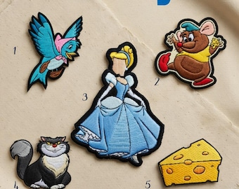 Disney Cinderella Embroidered Patch - Blue Dress, Jaq Gus, Lucifer, Bird & Cheese Iron On Patch, Disney Backpack Jacket Badge, Disney Trip