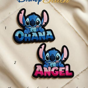 "Custom Disney Stitch embroidered iron-on patch with Ohana or Angel text, perfect for personalizing jackets, hoodies, backpacks, and bags. Lilo and Stitch fan gift, iron on patch, personalized name patch"