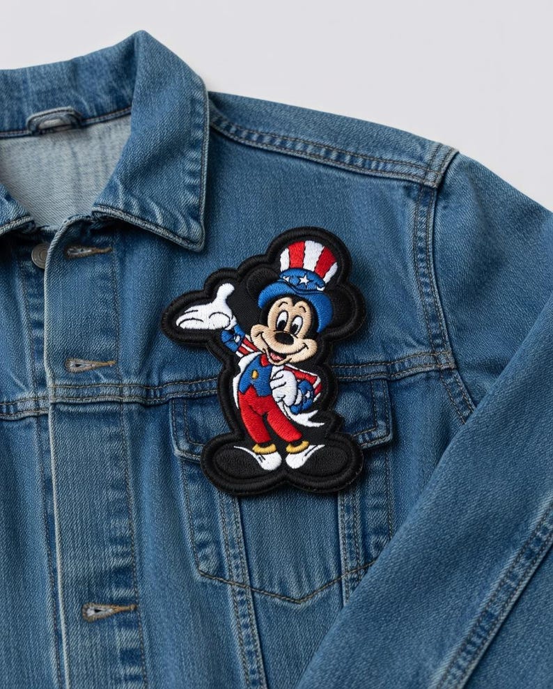 May include: A denim jacket with a Mickey Mouse patch. The patch features Mickey in patriotic attire, including a red, white, and blue hat and outfit. The patch is black with a cloud-like border.