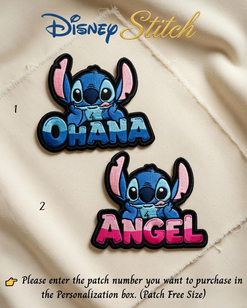 "Custom Disney Stitch embroidered iron-on patch with Ohana or Angel text, perfect for personalizing jackets, hoodies, backpacks, and bags. Lilo and Stitch fan gift, iron on patch, personalized name patch"