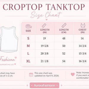 May include: A white croptop tanktop size chart with measurements in inches and centimetres. The chart includes sizes S, M, L, and XL, with corresponding chest and length measurements. The text "CROPTOP TANKTOP" is at the top.