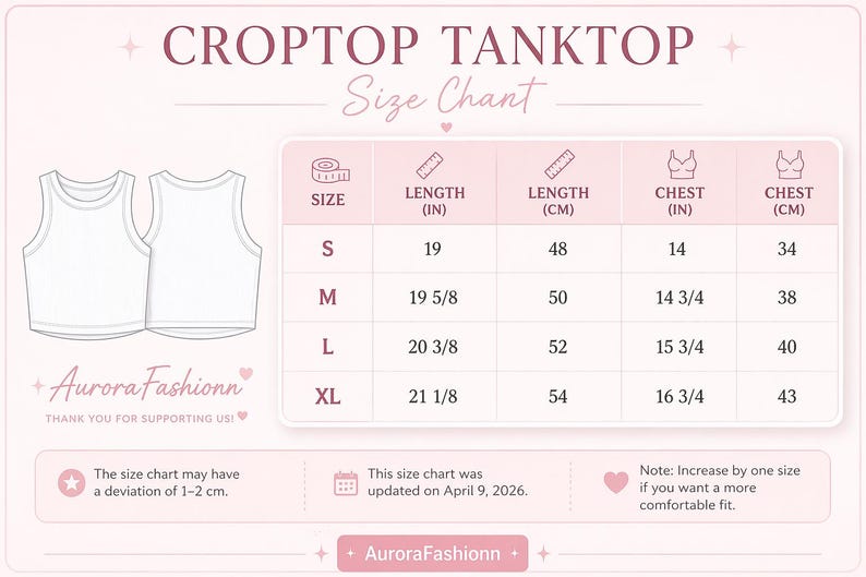 May include: A white croptop tanktop size chart with measurements in inches and centimetres. The chart includes sizes S, M, L, and XL, with corresponding chest and length measurements. The text "CROPTOP TANKTOP" is at the top.