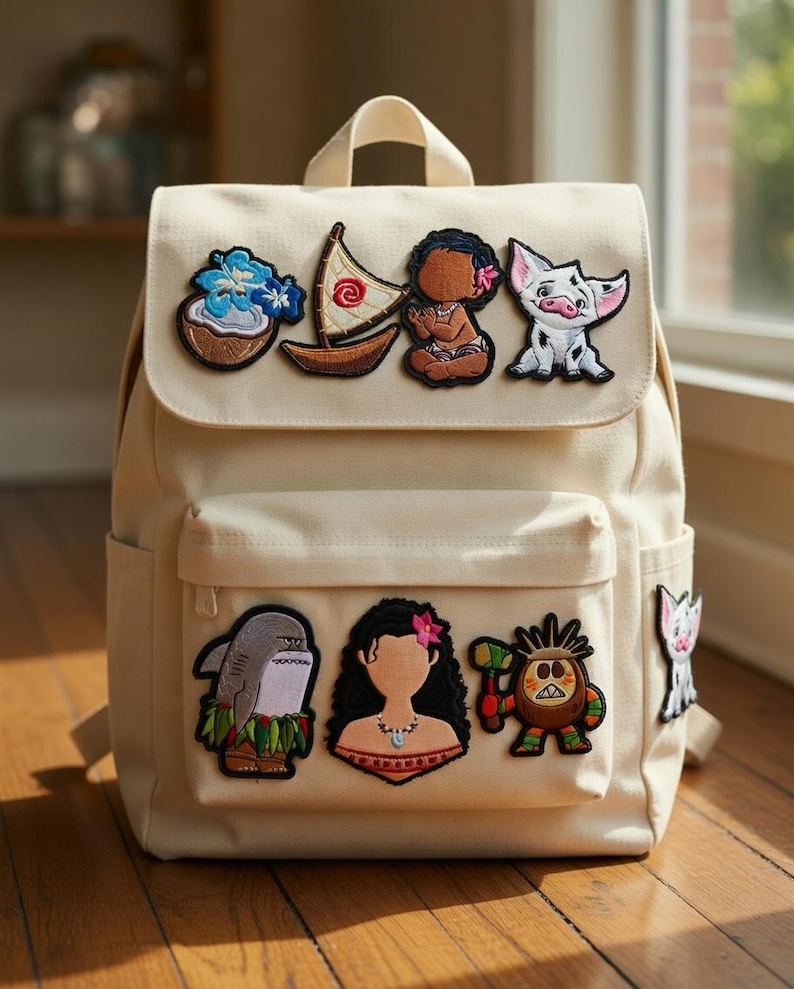 May include: Off-white canvas backpack featuring embroidered patches of cartoon characters and tropical elements. The backpack has a flap closure, a front pocket, and adjustable straps. The patches include a boat, a shark, and a character with a hammer.