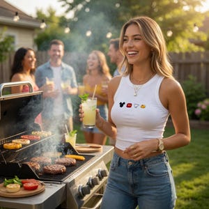 May include: A white vest top with cartoon character designs in black, red, white, and yellow. The image shows a barbecue grill with burgers and vegetables, and people enjoying drinks in a garden setting.