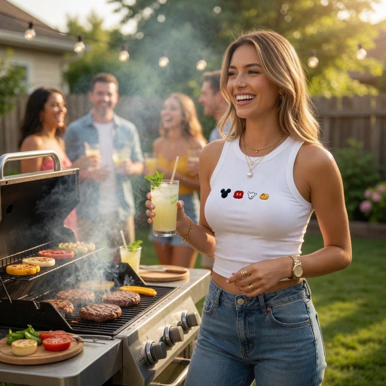 May include: A white vest top with cartoon character designs in black, red, white, and yellow. The image shows a barbecue grill with burgers and vegetables, and people enjoying drinks in a garden setting.