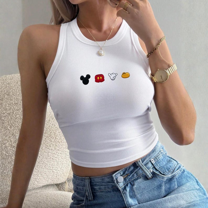 Embroidered Mickey Mouse Icon Crop Tank Top, Disney Mickey Head Shorts Glove Shoe Tank Top, Cute Disneyland Vacation Outfit Gift for Her