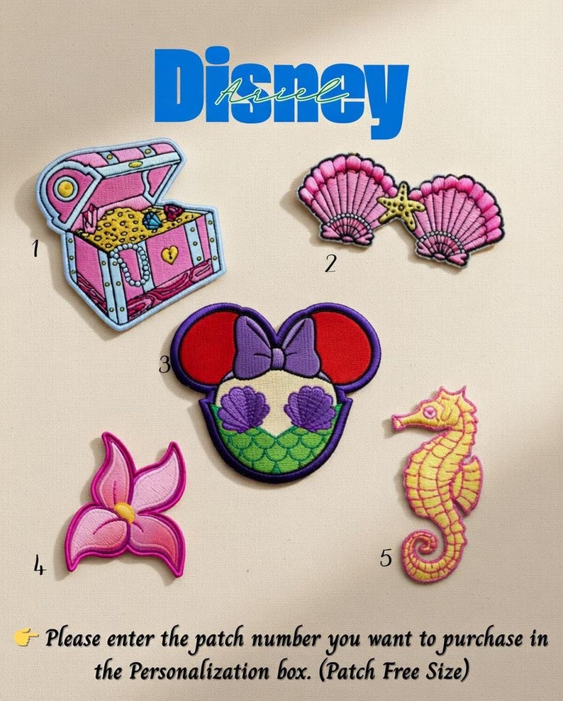 May include: Embroidered patches featuring Disney's Ariel theme. Designs include a pink treasure chest, pink seashells with a starfish, a Minnie Mouse-inspired design, a pink flower, and a yellow seahorse. The word "Disney" is written in blue.