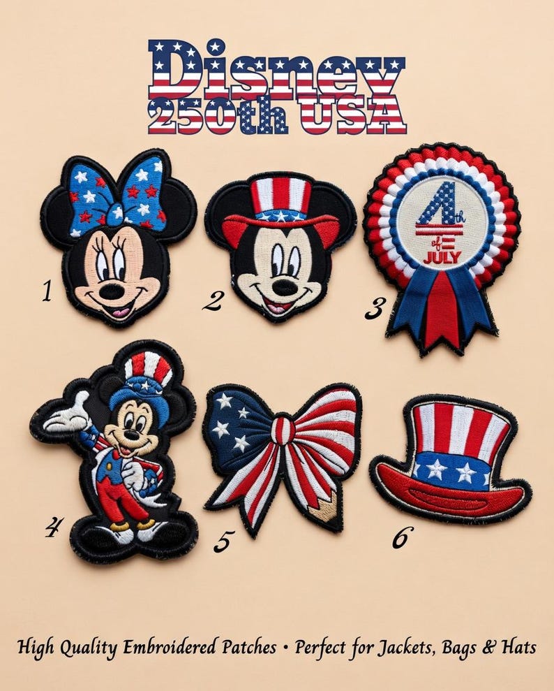 Patriotic Disney 250th America 1776-2026 Embroidered Patches - Mickey Mouse Minnie 4th July Iron-On for Jacket, Bag, Hat - USA Celebration
