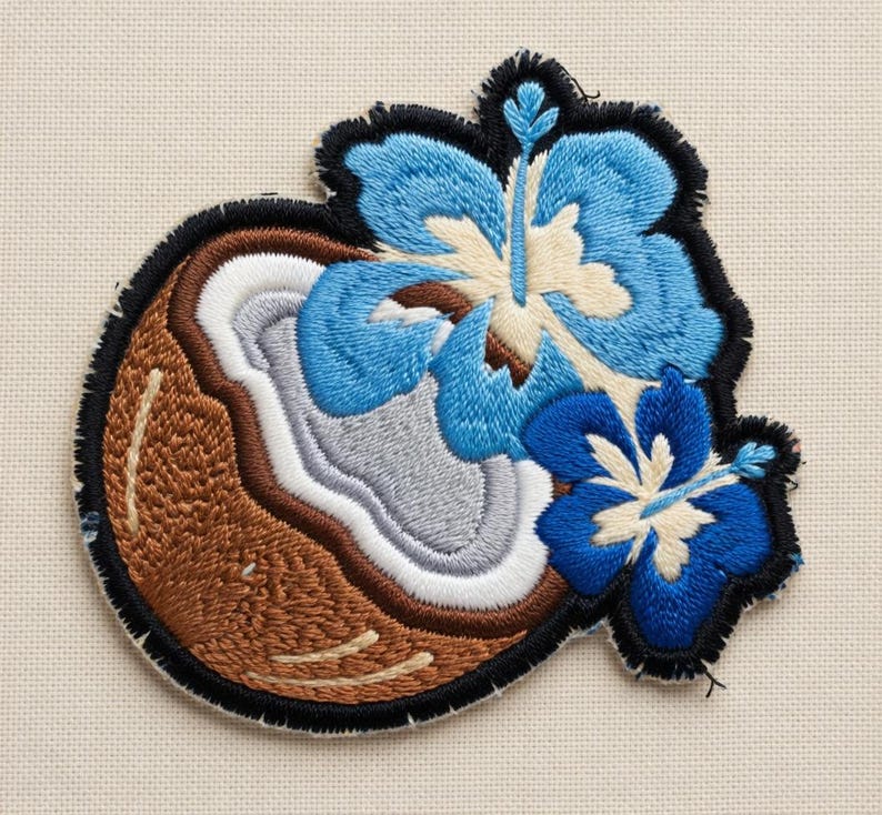 May include: Embroidered patch featuring a coconut and two blue hibiscus flowers. The coconut is brown with white and gray details, outlined in black. The flowers have blue petals and white centers, with black outlines.