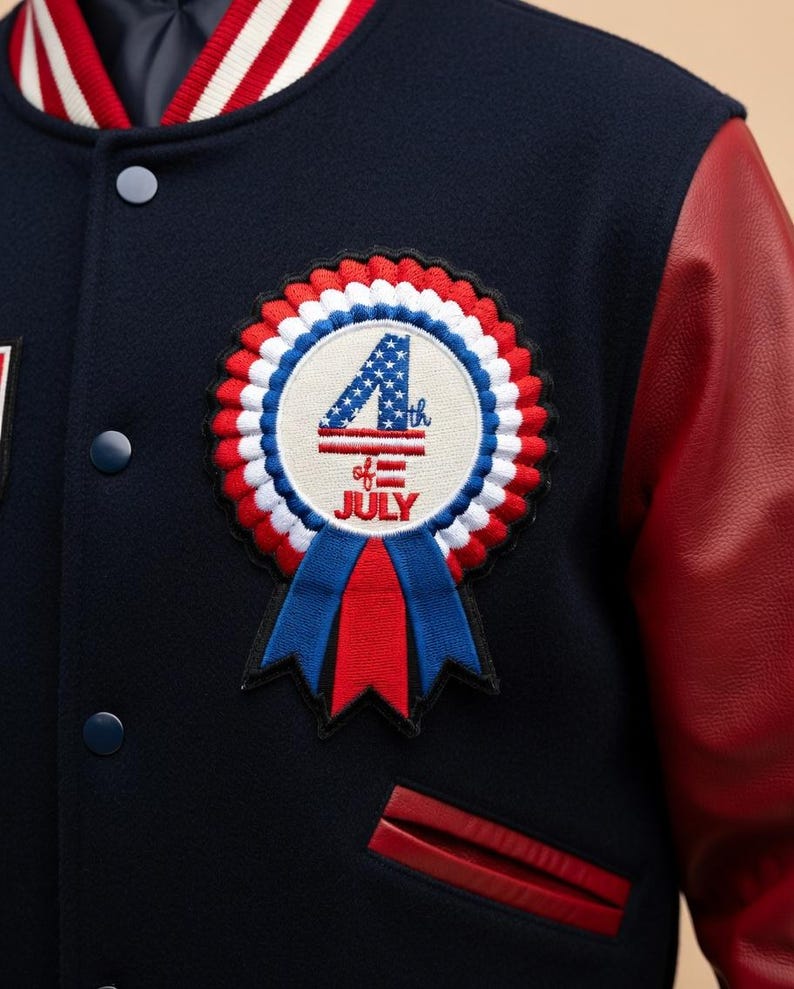 May include: A navy blue varsity jacket with red leather sleeves and a white, red, and blue striped collar. The jacket features a circular patch with "4th of July" text and a ribbon design.