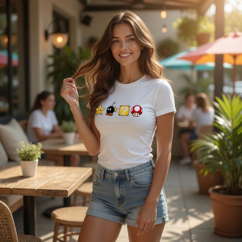 May include: A white t-shirt with cartoon graphics of a star, bomb, question mark, and mushroom. The shirt is worn with denim shorts. The image is taken outdoors in natural light.