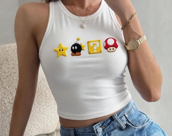 Embroidered Super Mario Icons Crop Tank Top, Mario Star Bomb Question Block Mushroom Tank, Cute Nintendo Game Aesthetic Shirt Gift for Her