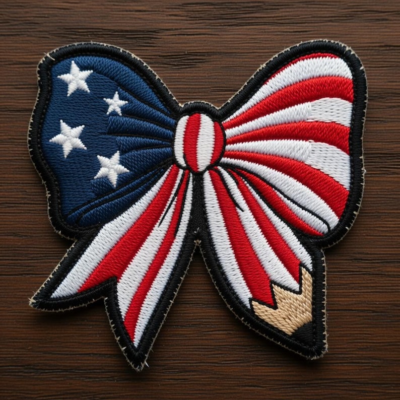 May include: Embroidered bow patch featuring the American flag design. The patch has a blue section with white stars, and red and white stripes. The bow is outlined in black with a tan pencil tip.