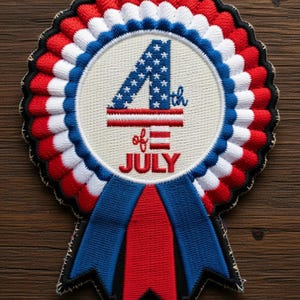 May include: Embroidered patch with a patriotic theme. The design features a circular emblem with the text "4th of July" in red and blue, surrounded by red, white, and blue pleated fabric. A blue and red ribbon is attached.