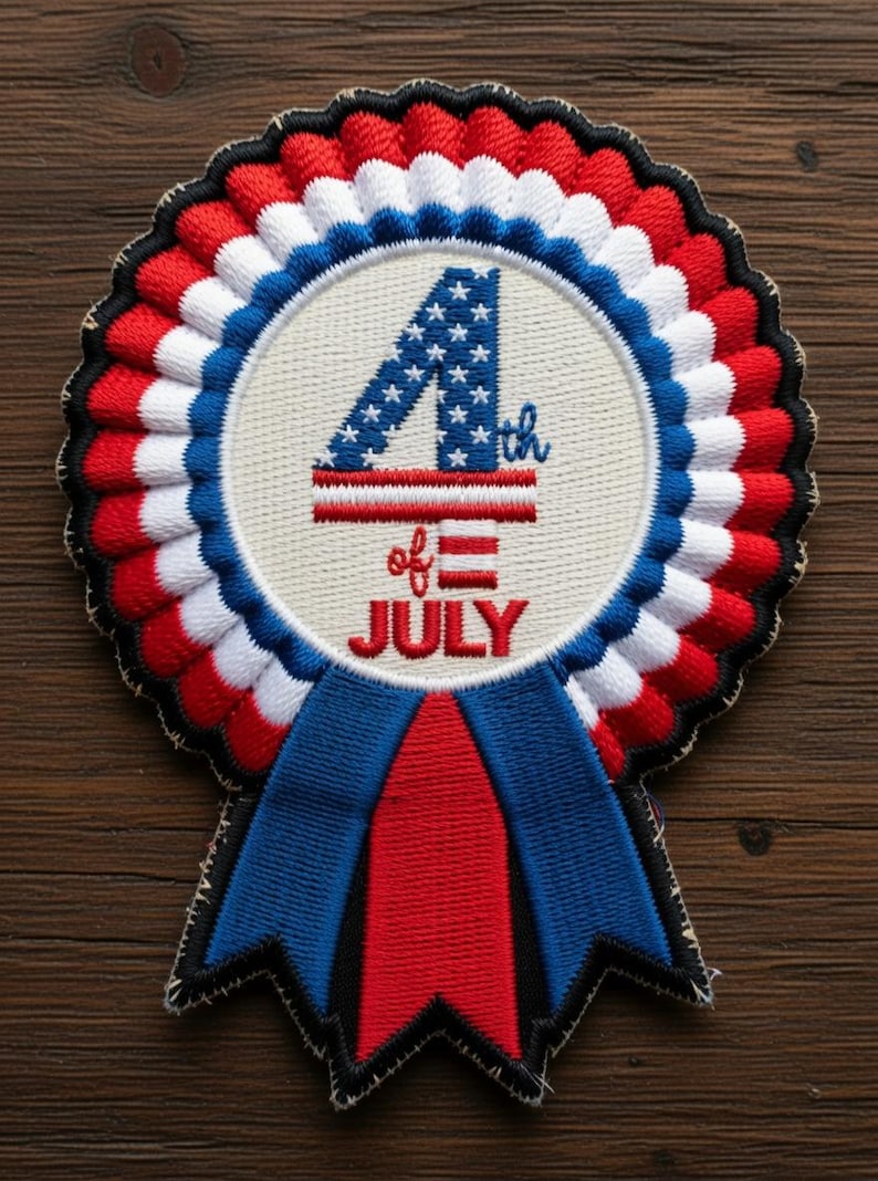 May include: Embroidered patch with a patriotic theme. The design features a circular emblem with the text "4th of July" in red and blue, surrounded by red, white, and blue pleated fabric. A blue and red ribbon is attached.