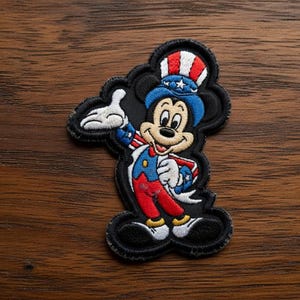 May include: Embroidered patch featuring Mickey Mouse in patriotic attire. Mickey is wearing a red, white, and blue Uncle Sam hat and outfit. The patch has a black border and is set against a wooden background.