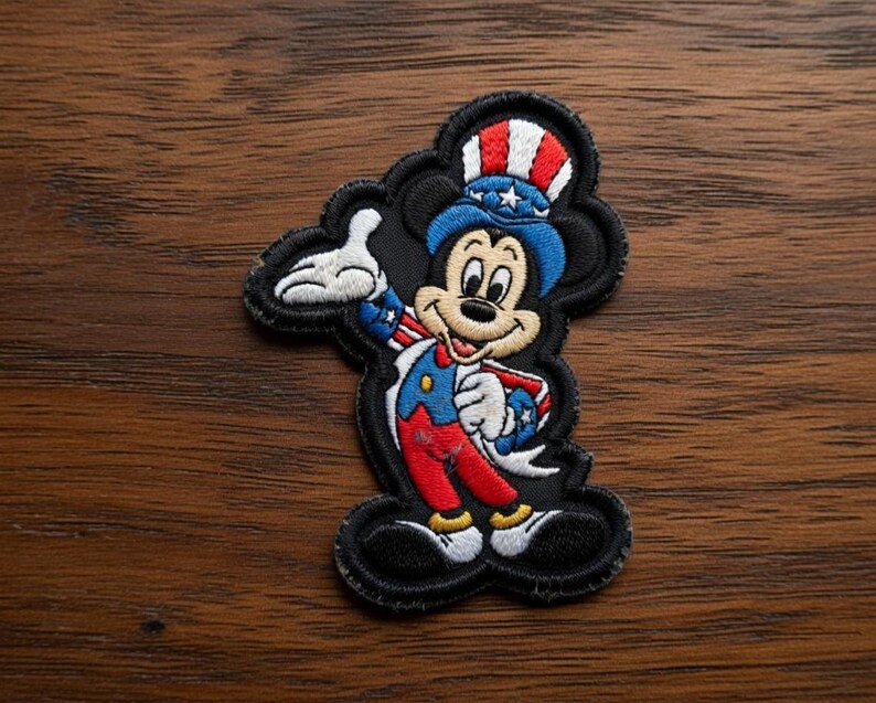 May include: Embroidered patch featuring Mickey Mouse in patriotic attire. Mickey is wearing a red, white, and blue Uncle Sam hat and outfit. The patch has a black border and is set against a wooden background.