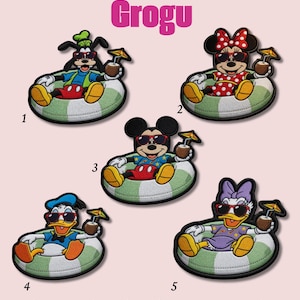 May include: Embroidered patches featuring Disney characters in sunglasses and tropical drinks, relaxing in inflatable rings. Characters include Goofy, Minnie, Mickey, Donald, and Daisy. The word "Grogu" is at the top. Text at the bottom says "Please enter the patch number..."