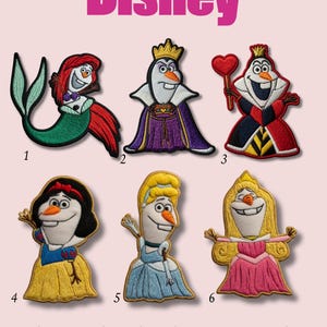 May include: Embroidered patches featuring Disney characters, including Ariel, Olaf as a queen, and Snow White. The word "Disney" is displayed in pink at the top. The patches are numbered 1 through 6. The text at the bottom says "Please enter the patch number you want to purchase in the Personalization box."