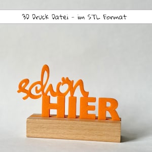 May include: Orange 3D-printed sign that reads "schön HIER" in a playful font, mounted on a small wooden block. The text is in German. The sign is set against a plain white background.