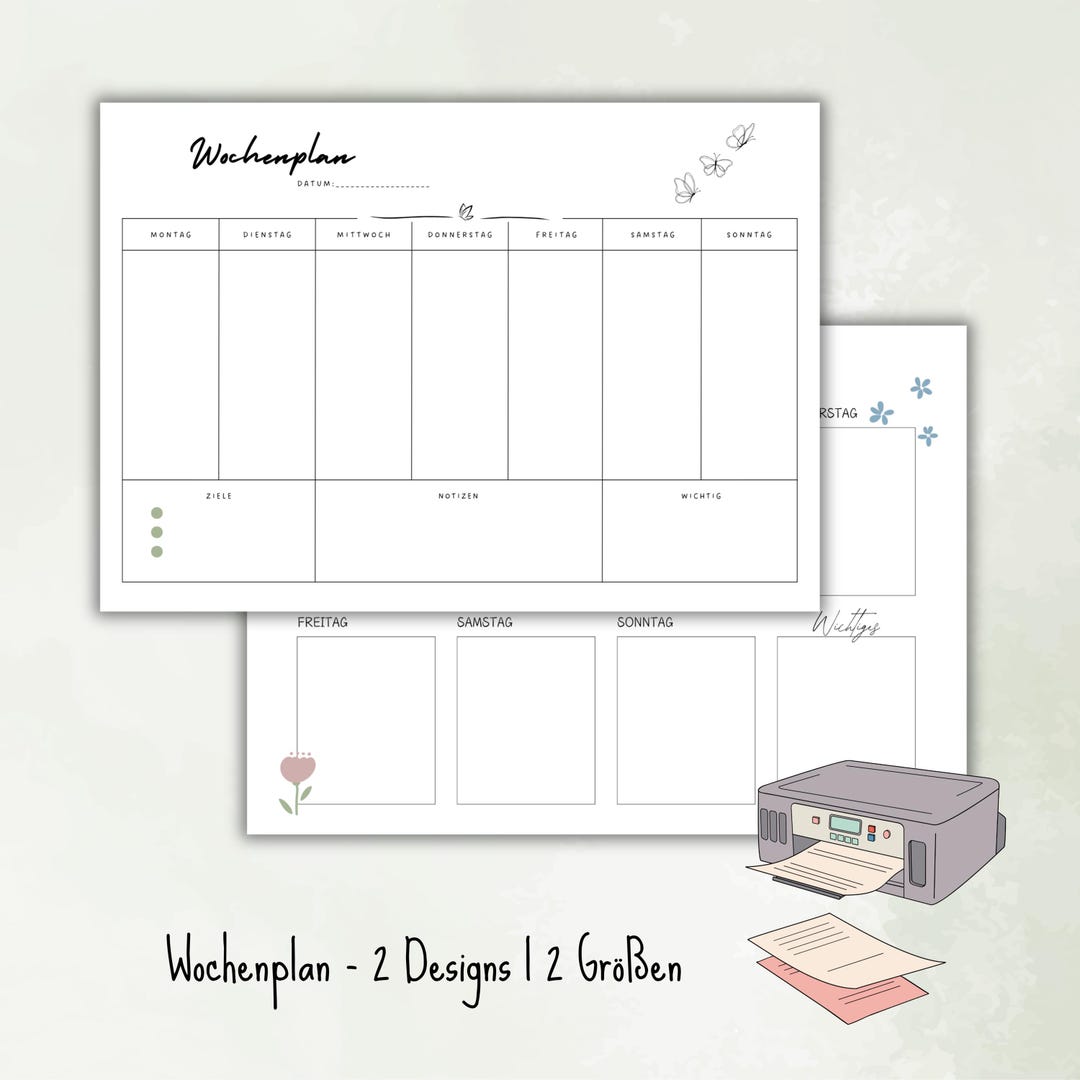 PDF Datei Wochenplan zum Ausdrucken in 2 Designs, Format A4 und A5 ...