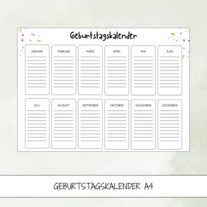 Birthday calendar A4 to print - Undated annual calendar for birthdays