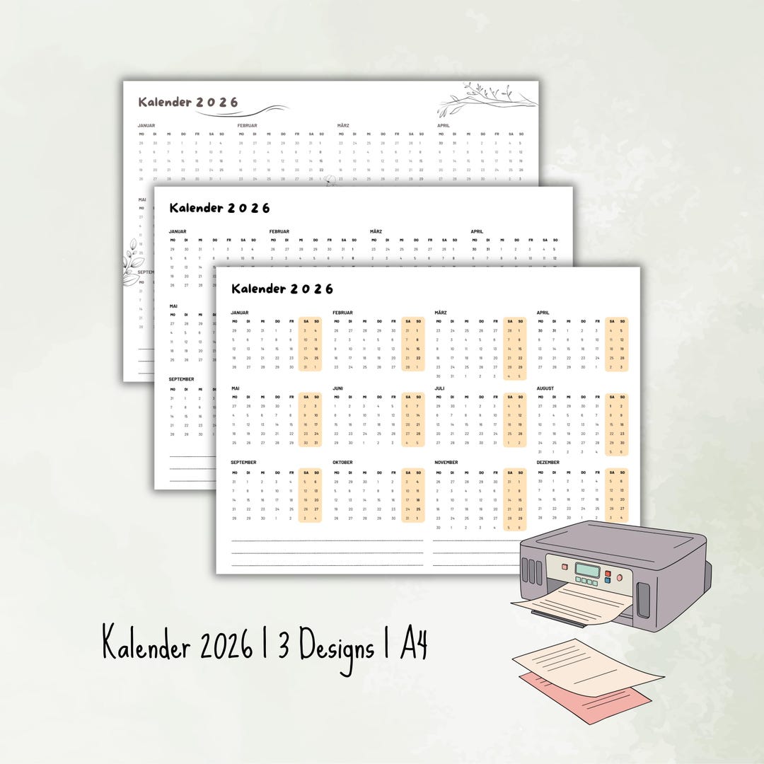 Kalender 2026 A4 zum Ausdrucken - Kalendervorlage Jahreskalender