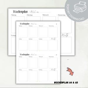 May include: White weekly planner sheets with the German text "Wochenplan" and days of the week. The sheets are labeled "SOFORT DOWNLOAD" and "WOCHENPLAN A4 & A5".