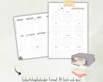 Printable birthday calendar, A4 format | PDF file, 2 different designs