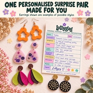 May include: Four pairs of earrings including orange flower shapes, pink resin drops with pressed flowers, layered leaf-shaped dangles, and black circular studs with gold sun designs, alongside a Lollygag prescription card with text.
