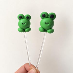 May include: Two green frog-shaped toppers made of clay, each featuring two black circular eyes and a small curved mouth. The frogs are attached to thin, clear, transparent sticks, providing a simple and clean look for decorative use.