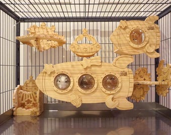 Escondite para chinchillas con forma de cohete espacial: repisa de madera, pino seguro y no tóxico, accesorio para jaula de mascotas pequeñas.